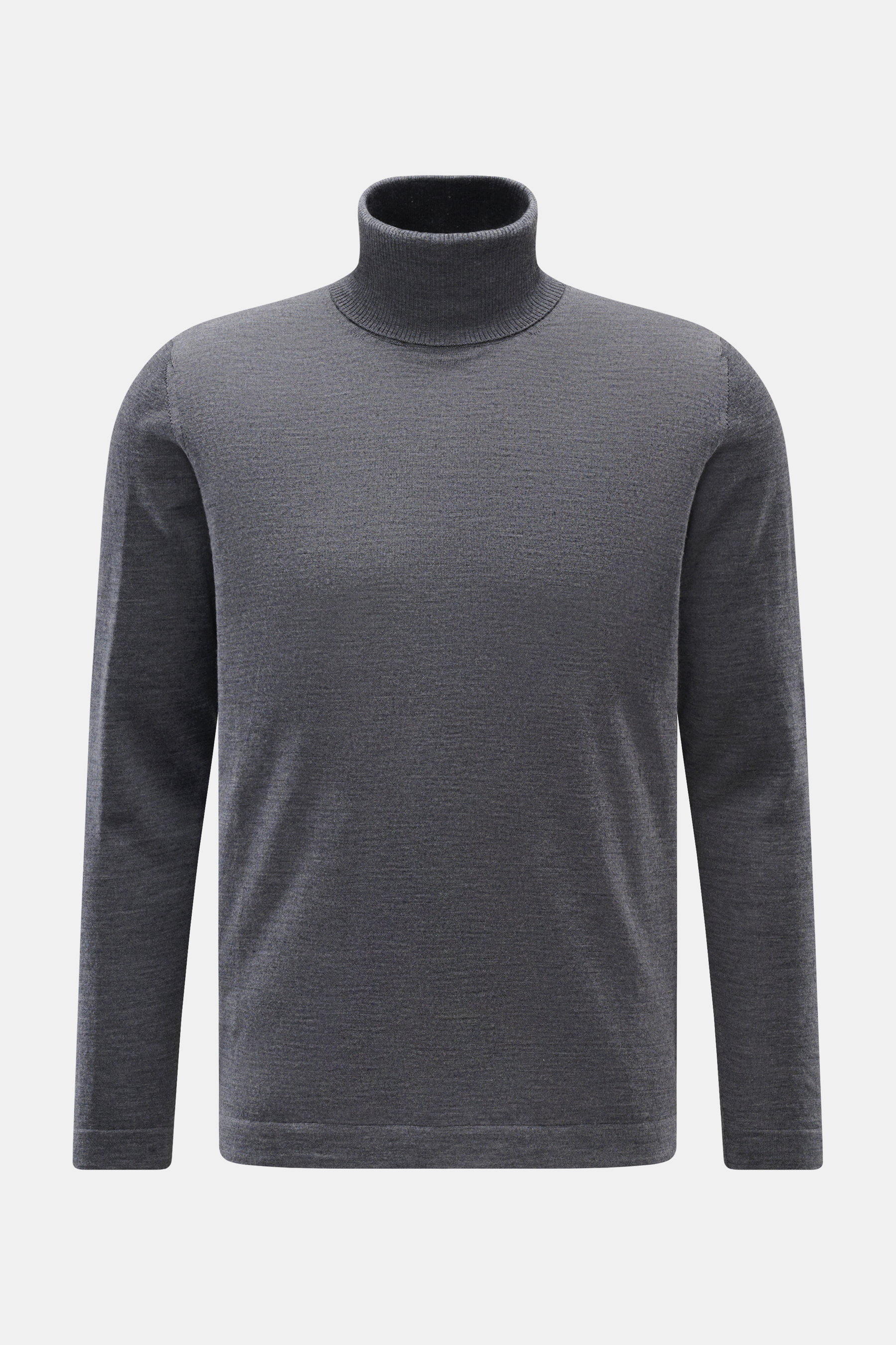 Frontale Produktaufnahme eines 04651/ A trip in a bag Merino Rollkragenpullovers grau meliert aus reiner Merinowolle, Slim Fit mit weichem Griff, feinem Strickbild, Rippstrick-Rollkragen und kurzen Saumschlitzen.
