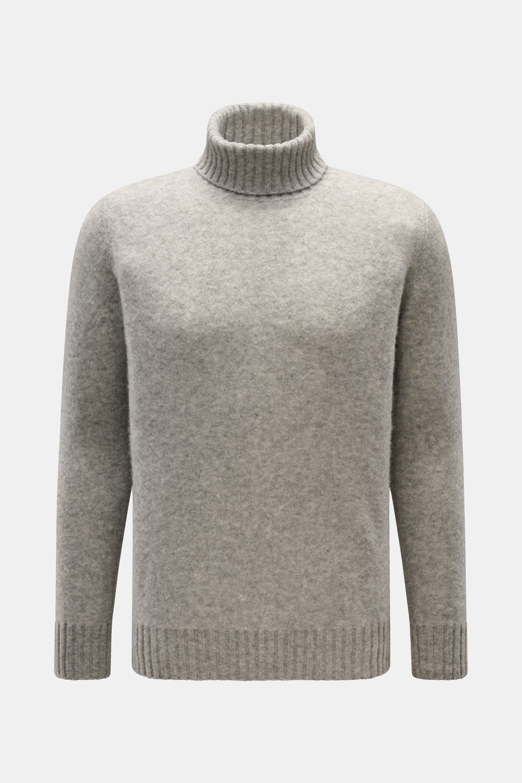 Piacenza 1733 Rollkragenpullover grau meliert, frontal fotografiert, slim Fit mit weichem Cashmere-Seide-Microfaser-Mix, mittelfeinem Strick, Rippbündchen und komfortablem Rollkragen.
