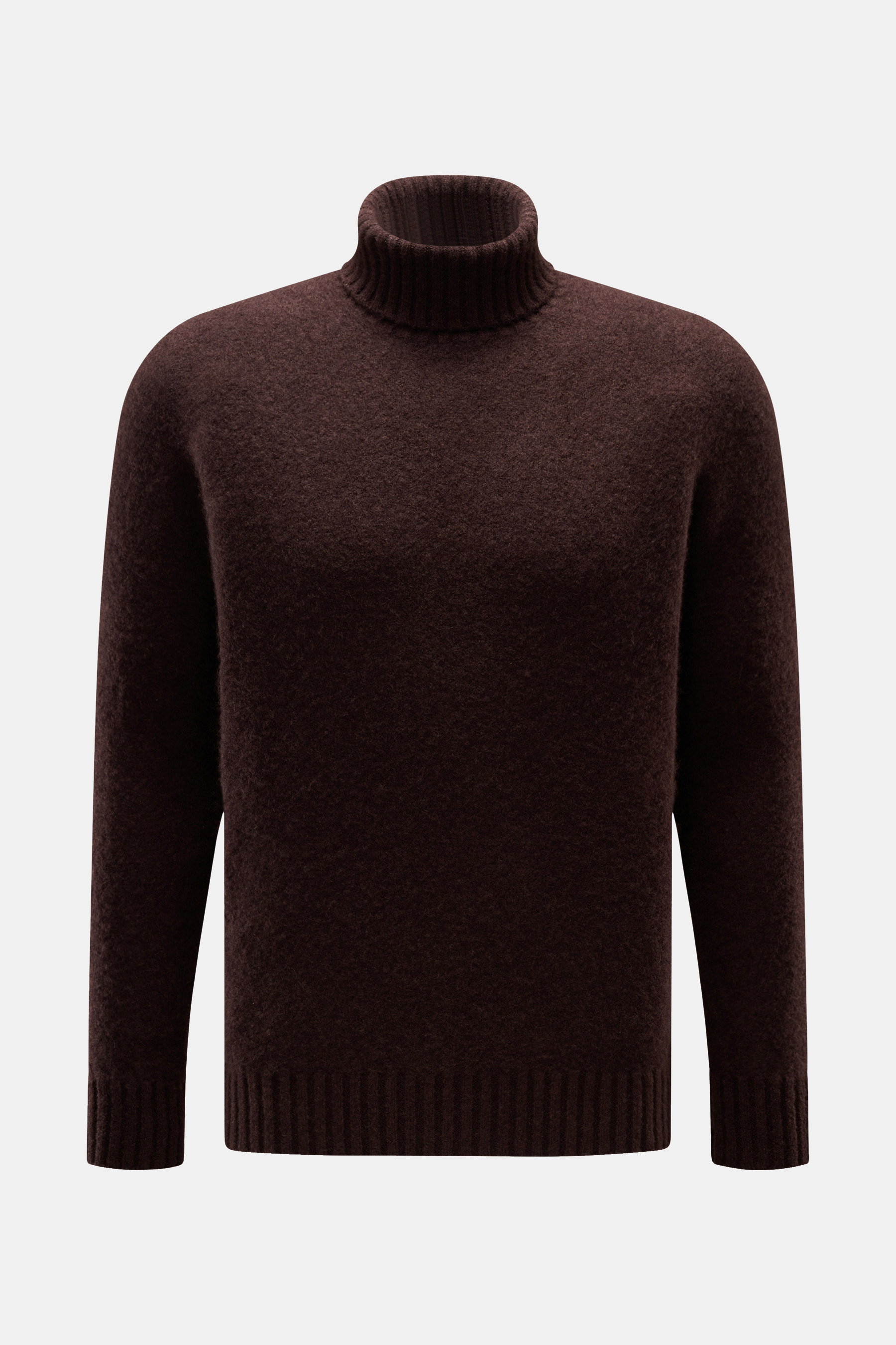 Piacenza 1733 Rollkragenpullover dunkelbraun, frontale Ansicht, Slim Fit, weicher Mix aus Cashmere, Seide, Microfaser, mittelfeines Strickbild, Rippbündchen.