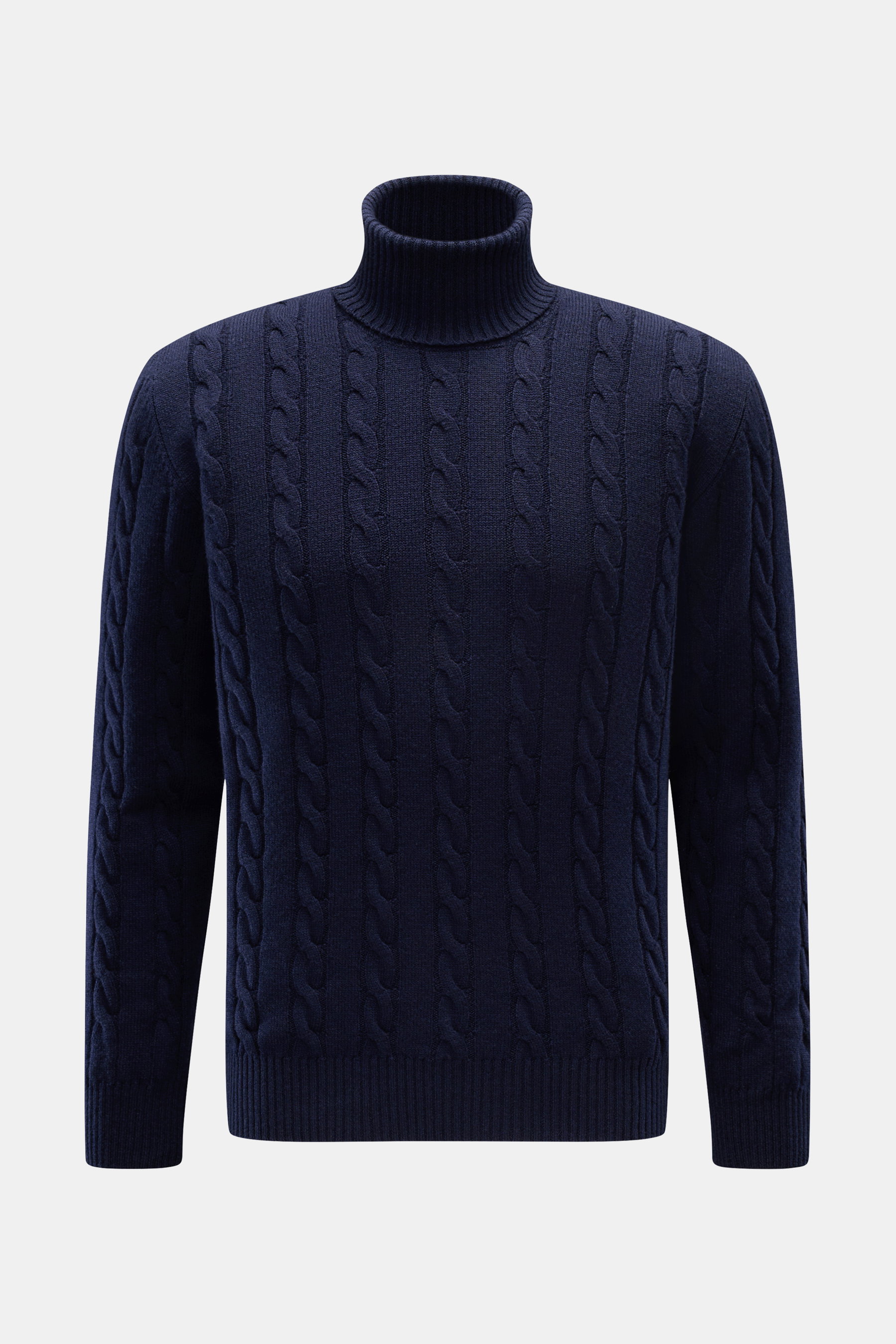 Aurélien Rollkragenpullover navy in Slim Fit, frontal fotografiert, Zopfstrick aus Merinowolle mit Cashmere, weicher Griff, Rippbündchen.