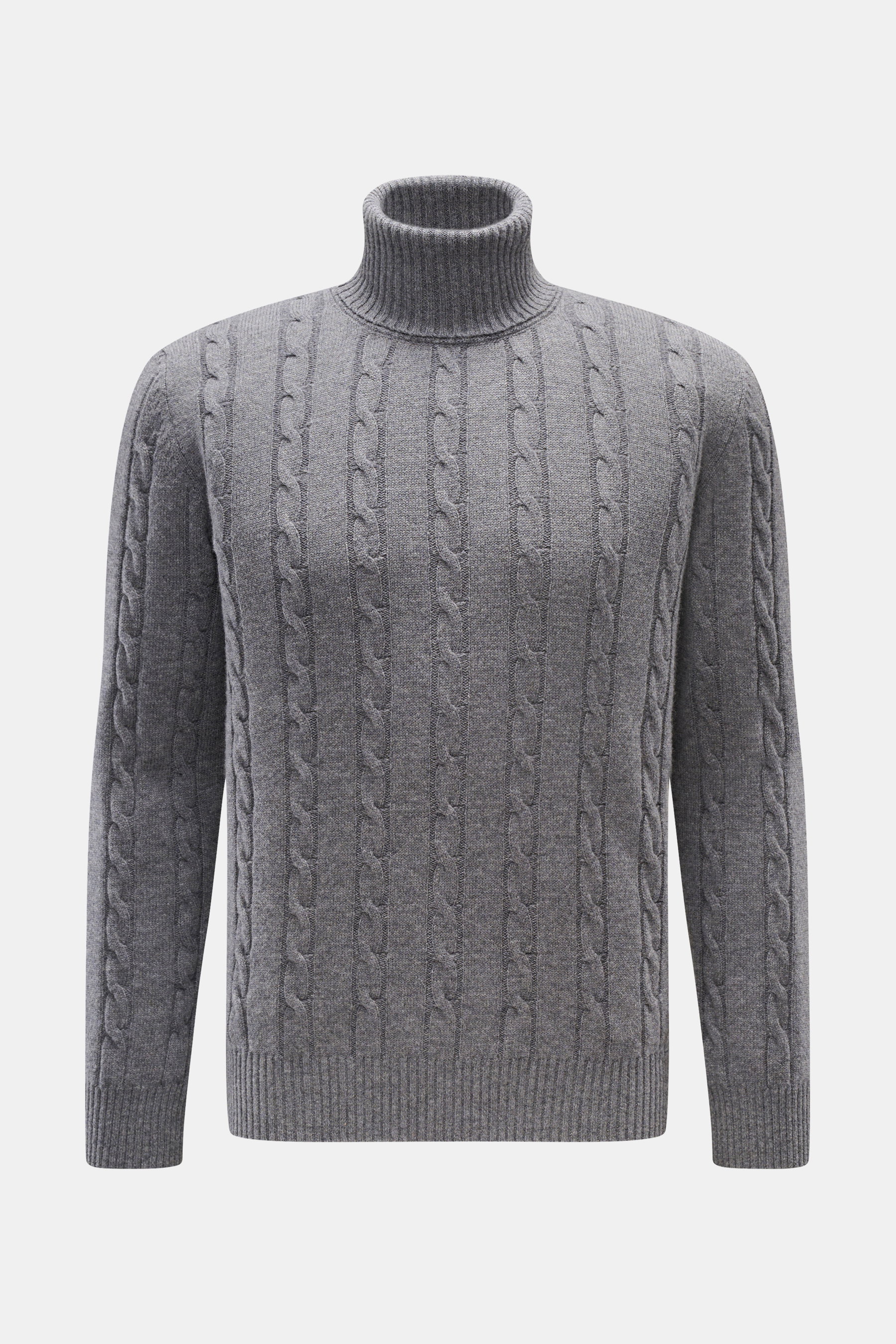 Aurélien Rollkragenpullover grau aus Merinowolle und Cashmere, Zopfstrick, Slim Fit, weicher Griff, Rippbündchen, frontal fotografiert.
