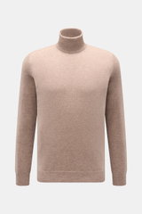 Front view of von Braun Cashmere turtleneck jumper beige, a slim fit fine knit in pure Mongolian cashmere with a close-fitting turtleneck and elasticated ribbed bands. 

<p>A smooth basic for the cold season: This VON BRAUN jumper is a fine knit essential