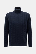 Front view of von Braun Cashmere turtleneck jumper navy in soft pure cashmere with classic cable knit, regular fit, close turtleneck, and ribbed bands, comfortable through winter.

Additional description:  
<p>Comfortable through the winter: Soft cashmere