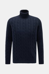 Front view of von Braun Cashmere turtleneck jumper navy in soft pure cashmere with classic cable knit, regular fit, close turtleneck, and ribbed bands, comfortable through winter.

Additional description:  
<p>Comfortable through the winter: Soft cashmere