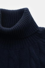 Close-up front view of von Braun Cashmere turtleneck jumper navy, featuring a soft, pure cashmere fabric with a timeless cable knit pattern and flexible ribbed bands for a regular fit and close-fitting turtleneck. Comfortable through the winter: Soft cash