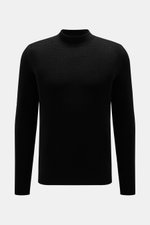 Schwarz fotografierter von Braun Cashmere Mock Neck Pullover aus reinem mongolischem Cashmere, edler Strukturstrick, Slim Fit, Rippbündchen.