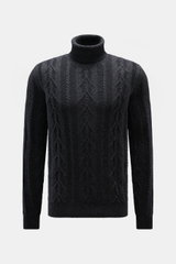 von Braun Cashmere Rollkragenpullover dunkelgrau meliert, frontal fotografiert, Slim Fit mit zeitlosem Zopfstrickmuster, reiner, sehr weicher Cashmere, anliegender Rollkragen und flexible Rippbündchen.