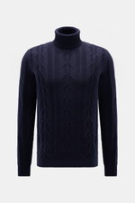 Front view of von Braun Cashmere turtleneck jumper navy, a slim-fit, premium Inner Mongolia cashmere piece with a soft, medium-fine knit, timeless cable knit pattern, close-fitting turtleneck, and flexible ribbed bands. Elegant everyday piece: Premium cas