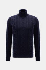 Front view of von Braun Cashmere turtleneck jumper navy, a slim-fit, premium Inner Mongolia cashmere piece with a soft, medium-fine knit, timeless cable knit pattern, close-fitting turtleneck, and flexible ribbed bands. Elegant everyday piece: Premium cas