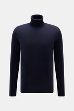 Von vorne fotografierter von Braun Cashmere Rollkragenpullover navy aus reiner, weicher Mongolei-Cashmere mit Regular Fit, mittelfeinem Strickbild, anliegendem Rollkragen und Rippbündchen.