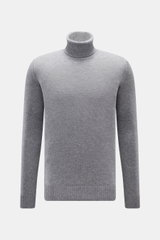 von Braun Cashmere Rollkragenpullover grau meliert, frontal fotografiert, mittelfeiner Strick, reiner Cashmere, weicher Griff, Regular Fit, anliegender Rollkragen, Rippbündchen, edler Alltagspullover.