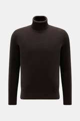 von Braun Cashmere Rollkragenpullover dunkelbraun, frontal fotografiert, Slim Fit, reiner mongolischer Cashmere, edler Strukturstrick, mittelfeines Strickbild, weicher Griff, Rippstrick-Rollkragen und komfortable Rippbündchen.
