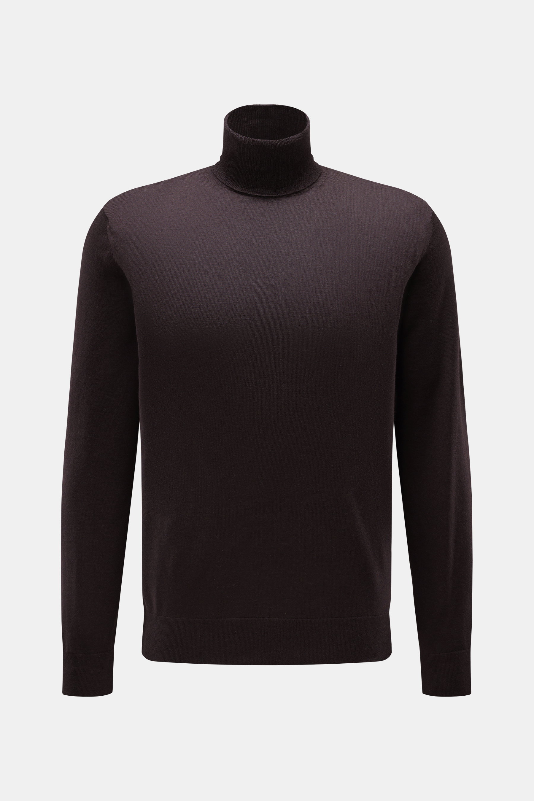 Front view of von Braun Merino turtleneck jumper dark brown, slim fit with close-fitting turtleneck and flexible ribbed bands.

<p>This incredibly fine knit VON BRAUN jumper in merino wool is a timeless classic for stylish, elegant looks.</p>
<ul>
<li>Pur