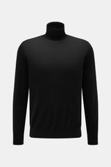 von Braun Merino Rollkragenpullover schwarz, Slim Fit, aus reiner Merinowolle, sehr feines Strickbild, anliegender Rollkragen, flexible Rippbündchen, frontale Aufnahme vor hellem Hintergrund.