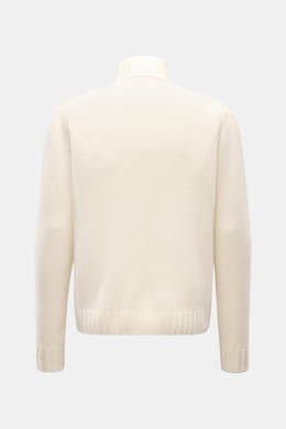 04651/ A trip in a bag Cashmere Rollkragenpullover creme, Rückansicht, oversized Fit, grobes Strickbild, reiner Cashmere, weicher Griff, Rippbündchen, Rollkragen.
