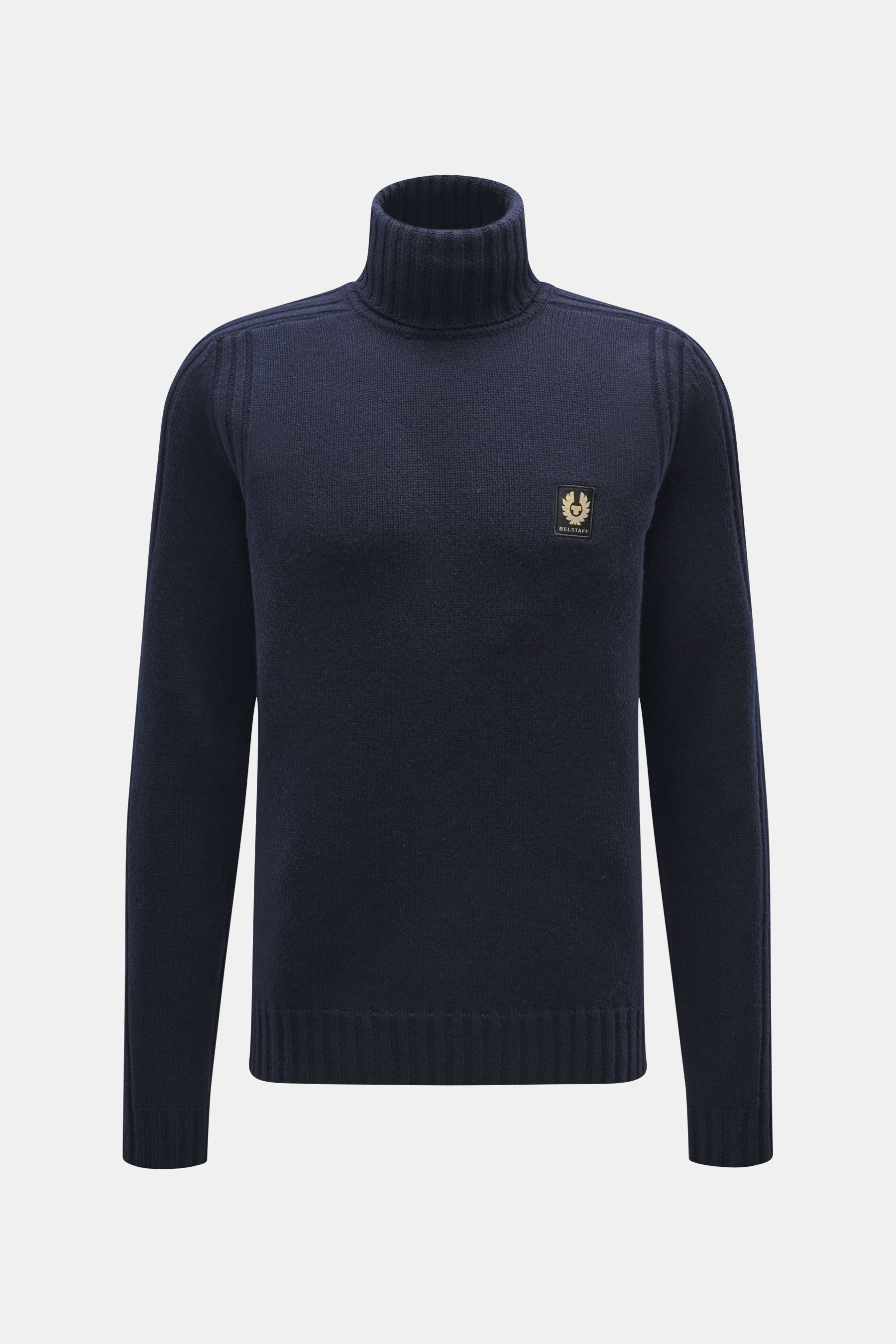 Belstaff Rollkragenpullover 'Watch' navy, Frontansicht, reine Wolle, weicher Griff, grobes Strickbild, Rippstrick-Elemente, Slim Fit, Rollkragen, BELSTAFF-Weblabel Brust, flexible Rippbündchen.