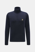 Belstaff Rollkragenpullover 'Watch' navy, Frontansicht, reine Wolle, weicher Griff, grobes Strickbild, Rippstrick-Elemente, Slim Fit, Rollkragen, BELSTAFF-Weblabel Brust, flexible Rippbündchen.