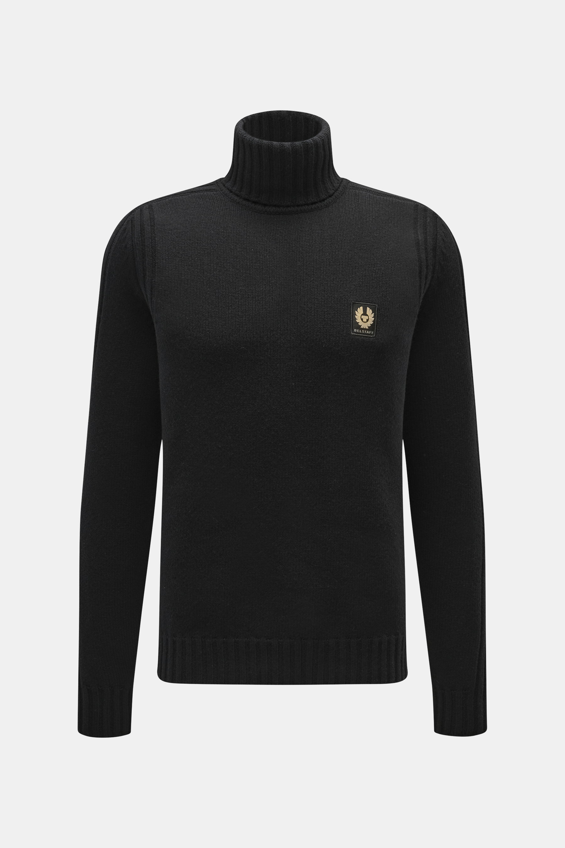 Belstaff Rollkragenpullover 'Watch' schwarz, Frontansicht, reine Wolle, weicher Griff, grobes Strickbild, Rippstrick-Elemente, Slim Fit, Rollkragen, BELSTAFF-Weblabel auf Brust, flexible Rippbündchen.