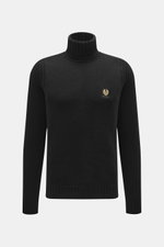 Belstaff Rollkragenpullover 'Watch' schwarz, Frontansicht, reine Wolle, weicher Griff, grobes Strickbild, Rippstrick-Elemente, Slim Fit, Rollkragen, BELSTAFF-Weblabel auf Brust, flexible Rippbündchen.