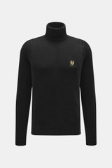 Belstaff Rollkragenpullover 'Watch' schwarz, Frontansicht, reine Wolle, weicher Griff, grobes Strickbild, Rippstrick-Elemente, Slim Fit, Rollkragen, BELSTAFF-Weblabel auf Brust, flexible Rippbündchen.
