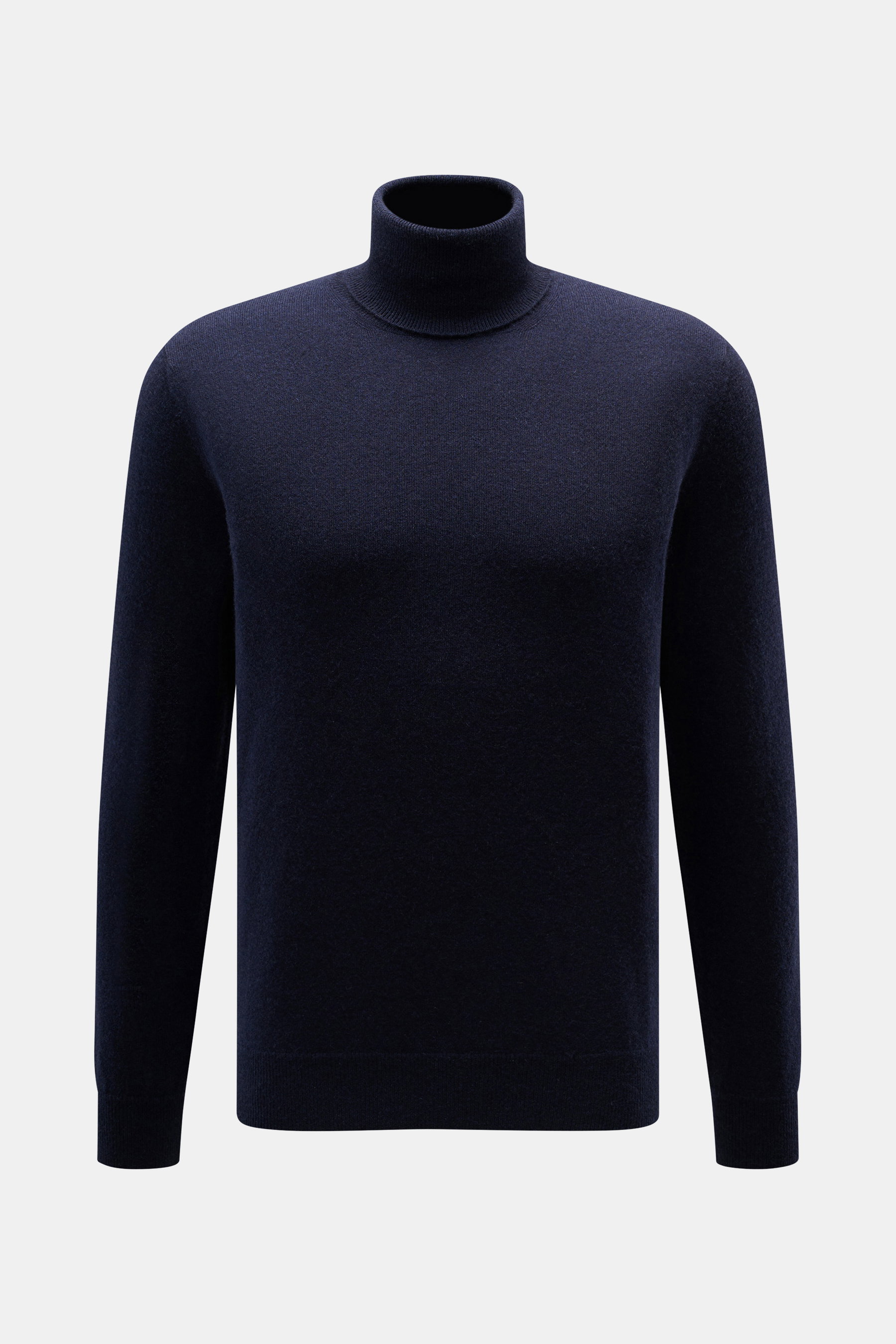 Front view of Malo Cashmere Turtleneck Sweater Navy, pure cashmere, very soft touch, fine knit, slim fit, fitted turtleneck, ribbed cuffs.