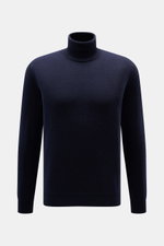 Malo Cashmere Rollkragenpullover navy, Slim Fit, von vorne fotografiert, reiner Cashmere, weicher Griff, feines Strickbild, Rippbündchen.