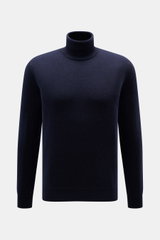 Malo Cashmere Rollkragenpullover navy, Slim Fit, von vorne fotografiert, reiner Cashmere, weicher Griff, feines Strickbild, Rippbündchen.