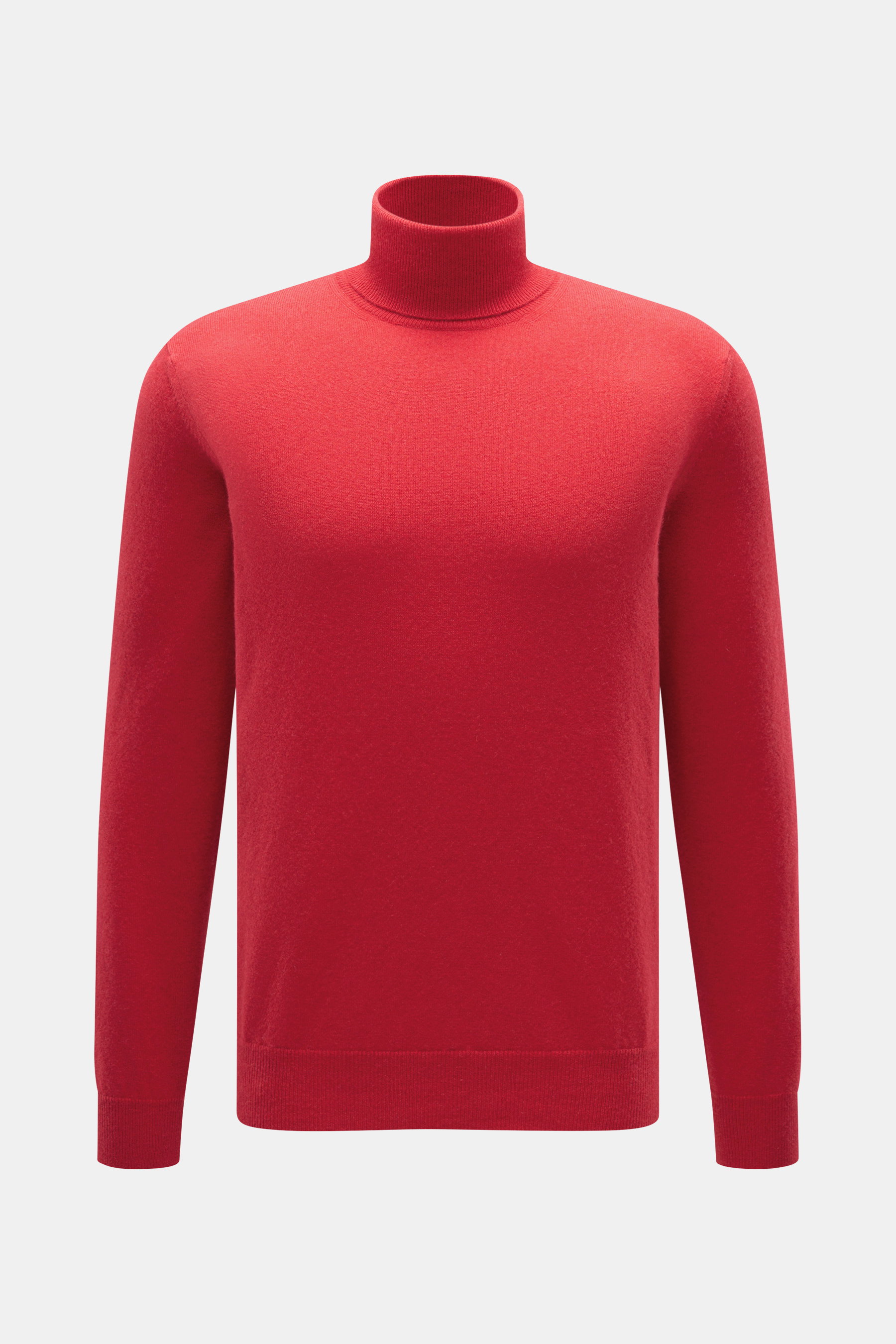 Malo Cashmere Turtleneck Sweater Red shown from the front, slim fit with fitted turtleneck, ribbed cuffs, fine knit, pure cashmere, very soft feel.