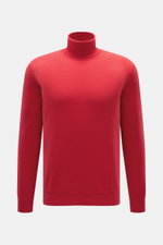 Malo Cashmere Rollkragenpullover rot, Slim Fit, feines Strickbild, anliegender Rollkragen, Rippbündchen, reiner Cashmere, frontal fotografiert.