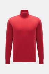 Malo Cashmere Rollkragenpullover rot, Slim Fit, feines Strickbild, anliegender Rollkragen, Rippbündchen, reiner Cashmere, frontal fotografiert.