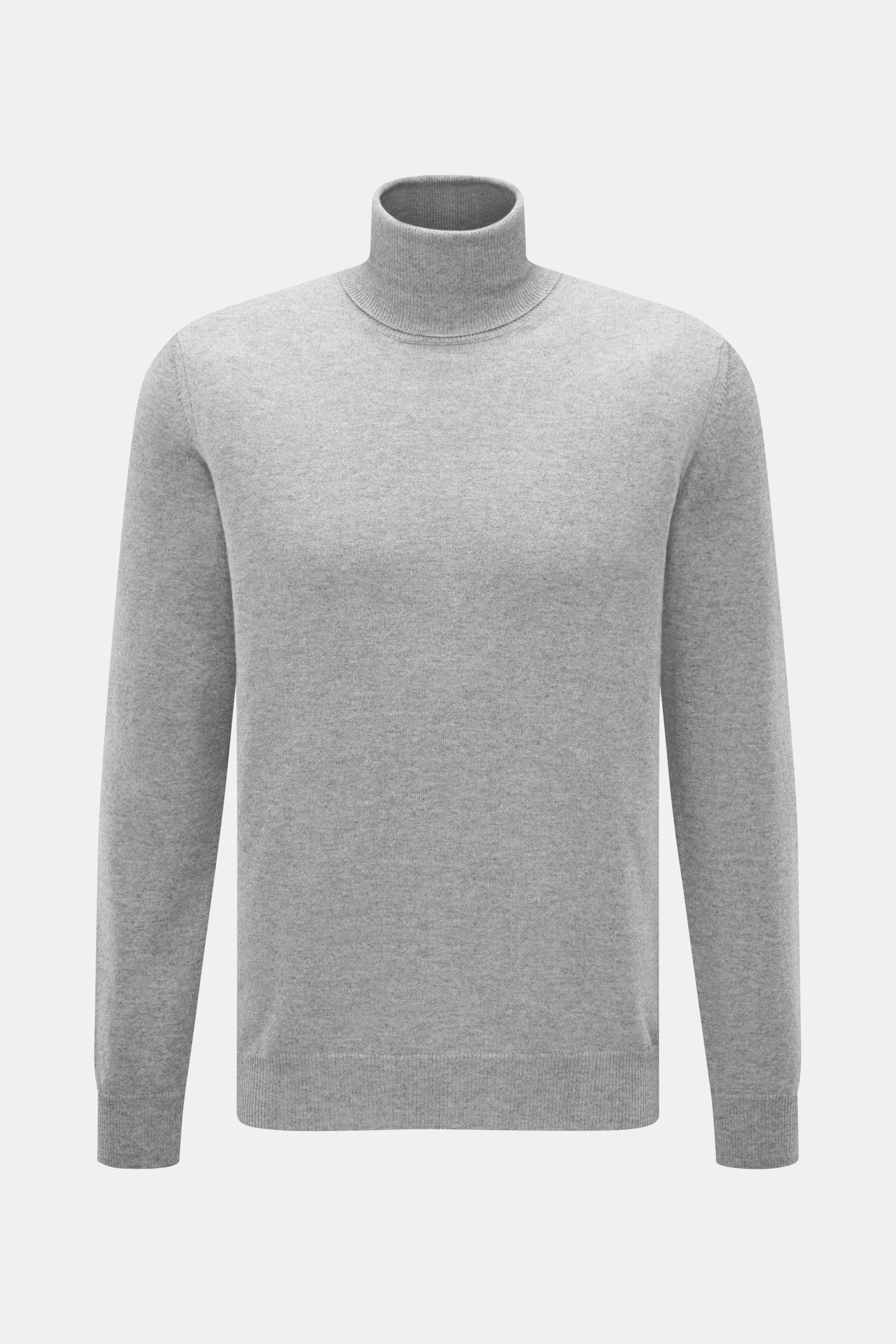 Malo Cashmere Rollkragenpullover grau meliert, Slim Fit, feines Strickbild, anliegender Rollkragen, Rippbündchen, frontal fotografiert.