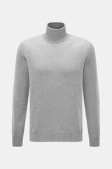 Malo Cashmere Rollkragenpullover grau meliert, Slim Fit, feines Strickbild, anliegender Rollkragen, Rippbündchen, frontal fotografiert.