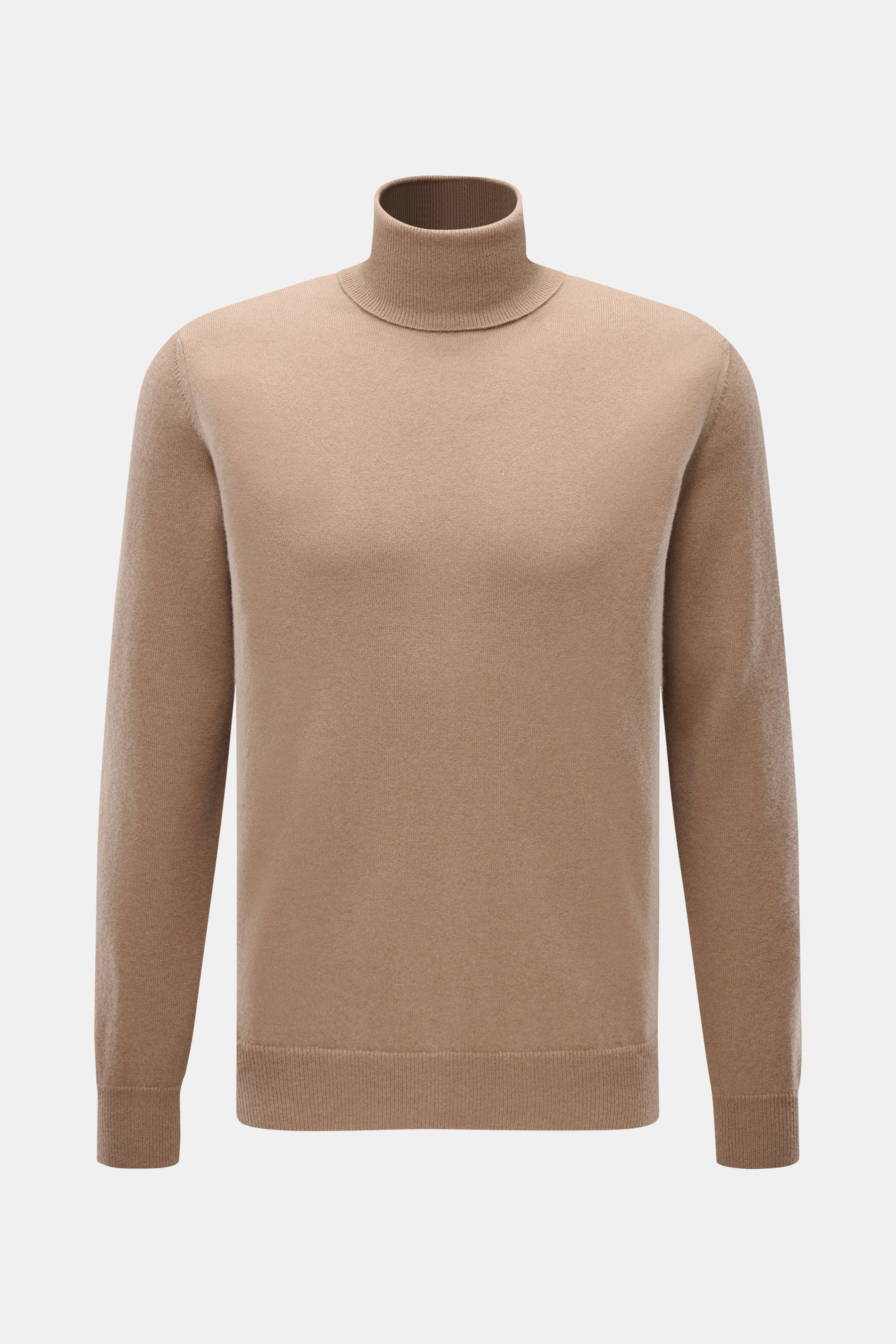 Malo Cashmere Rollkragenpullover beige, Slim Fit, feines Strickbild, anliegender Rollkragen, Rippbündchen, vorne nah, reine Cashmere-Qualität.