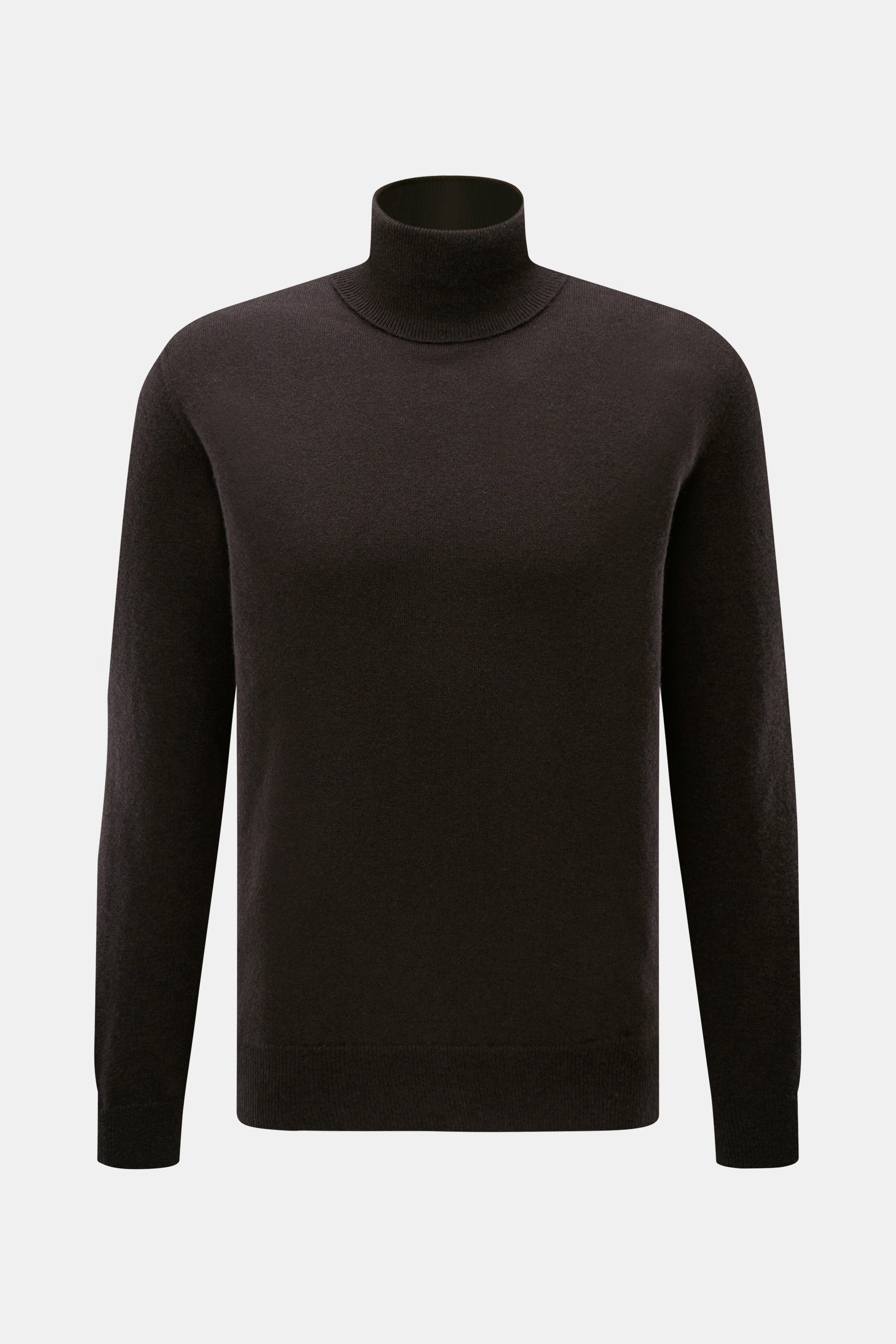 Malo Cashmere Rollkragenpullover dunkelbraun, Slim Fit, feines Strickbild, anliegender Rollkragen, Rippbündchen, aus reiner, sehr weicher Cashmere, frontale Perspektive.