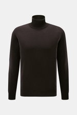 Malo Cashmere Rollkragenpullover dunkelbraun, Slim Fit, feines Strickbild, anliegender Rollkragen, Rippbündchen, aus reiner, sehr weicher Cashmere, frontale Perspektive.