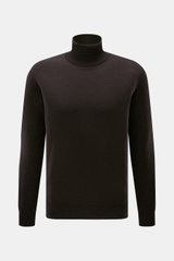 Malo Cashmere Rollkragenpullover dunkelbraun, Slim Fit, feines Strickbild, anliegender Rollkragen, Rippbündchen, aus reiner, sehr weicher Cashmere, frontale Perspektive.