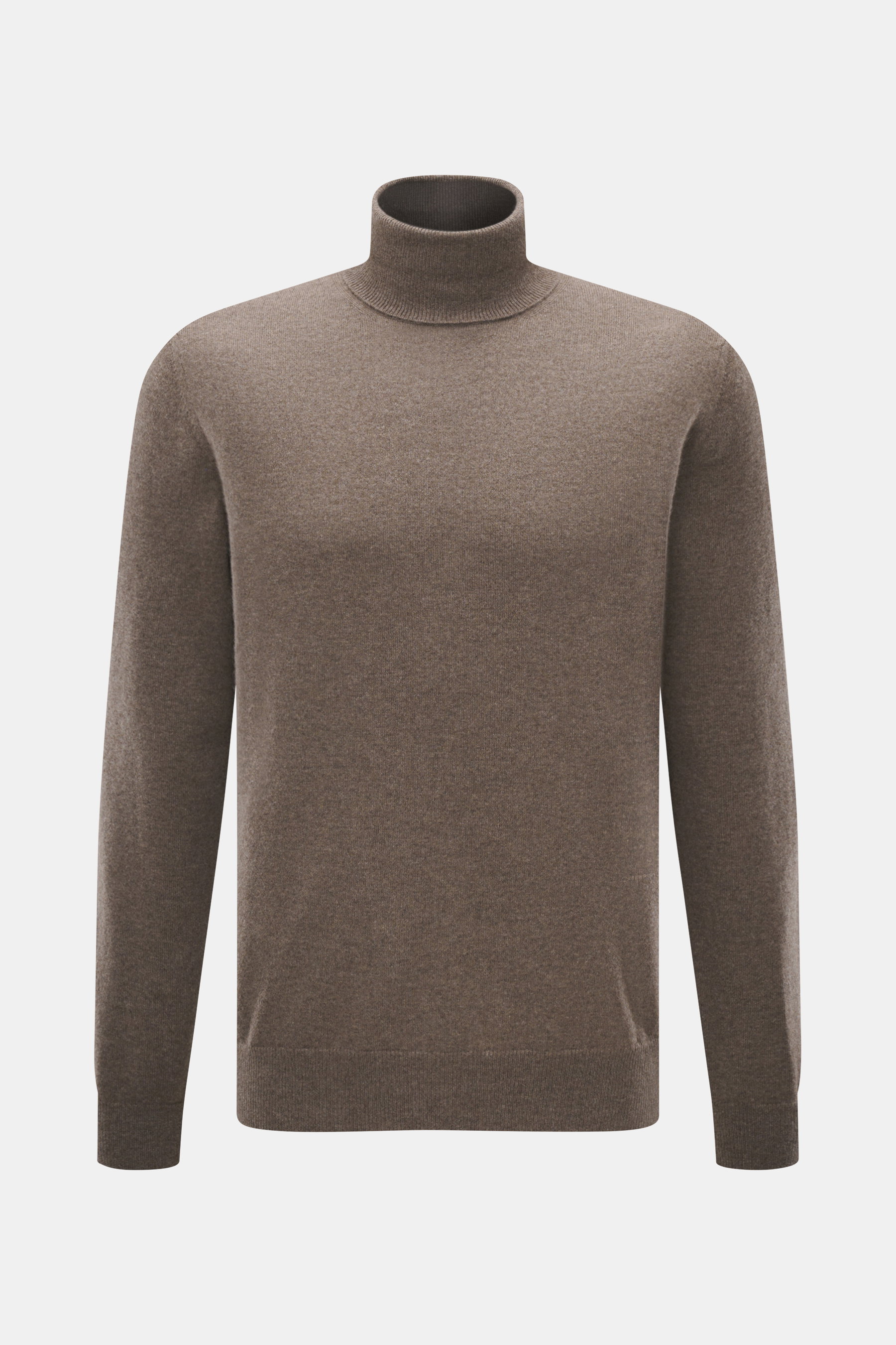 Malo Cashmere Rollkragenpullover graubraun, Slim Fit, feines Strickbild, anliegender Rollkragen, Rippbündchen, Vorderansicht, reine Cashmere-Qualität.