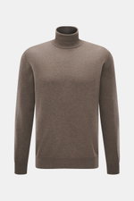 Malo Cashmere Rollkragenpullover graubraun, Slim Fit, feines Strickbild, anliegender Rollkragen, Rippbündchen, Vorderansicht, reine Cashmere-Qualität.