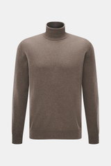 Malo Cashmere Rollkragenpullover graubraun, Slim Fit, feines Strickbild, anliegender Rollkragen, Rippbündchen, Vorderansicht, reine Cashmere-Qualität.