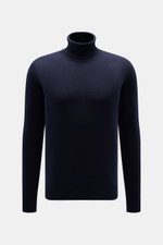 Malo Cashmere Rollkragenpullover navy, frontale Nahaufnahme, Slim Fit, reiner Cashmere, weicher Griff, mittelfeines Strickbild, anliegender Rollkragen, Rippbündchen.