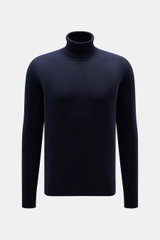 Malo Cashmere Rollkragenpullover navy, frontale Nahaufnahme, Slim Fit, reiner Cashmere, weicher Griff, mittelfeines Strickbild, anliegender Rollkragen, Rippbündchen.