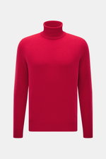 Front view of Malo Cashmere Turtleneck Sweater red, pure cashmere with medium-fine knit, slim fit, fitted turtleneck, ribbed cuffs, very soft touch, luxury for chilly days.