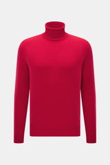 Front view of Malo Cashmere Turtleneck Sweater red, pure cashmere with medium-fine knit, slim fit, fitted turtleneck, ribbed cuffs, very soft touch, luxury for chilly days.