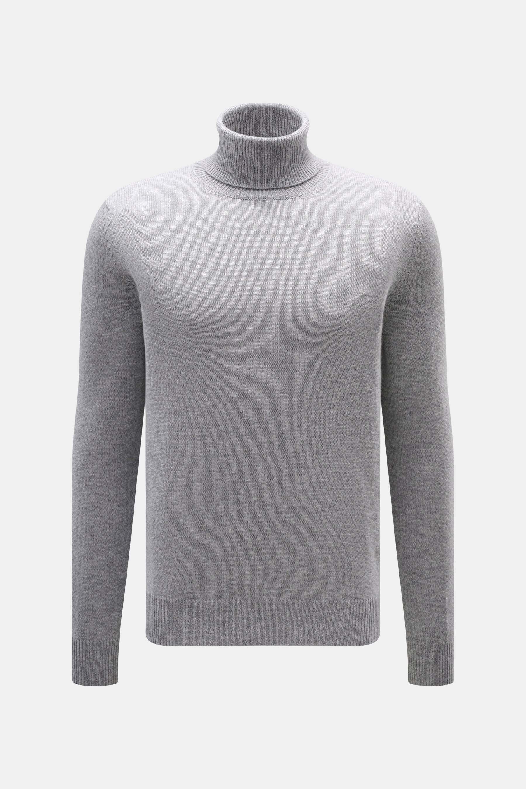 Malo Cashmere Turtleneck Sweater Grey Melange shown from front, pure cashmere, very soft, medium-fine knit, slim fit, fitted turtleneck, ribbed cuffs.