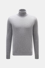 Malo Cashmere Rollkragenpullover grau meliert, frontale Nahaufnahme, reiner Cashmere, sehr weich, mittelfeines Strickbild, Slim Fit, Rollkragen, Rippbündchen.