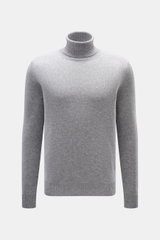 Malo Cashmere Rollkragenpullover grau meliert, frontale Nahaufnahme, reiner Cashmere, sehr weich, mittelfeines Strickbild, Slim Fit, Rollkragen, Rippbündchen.