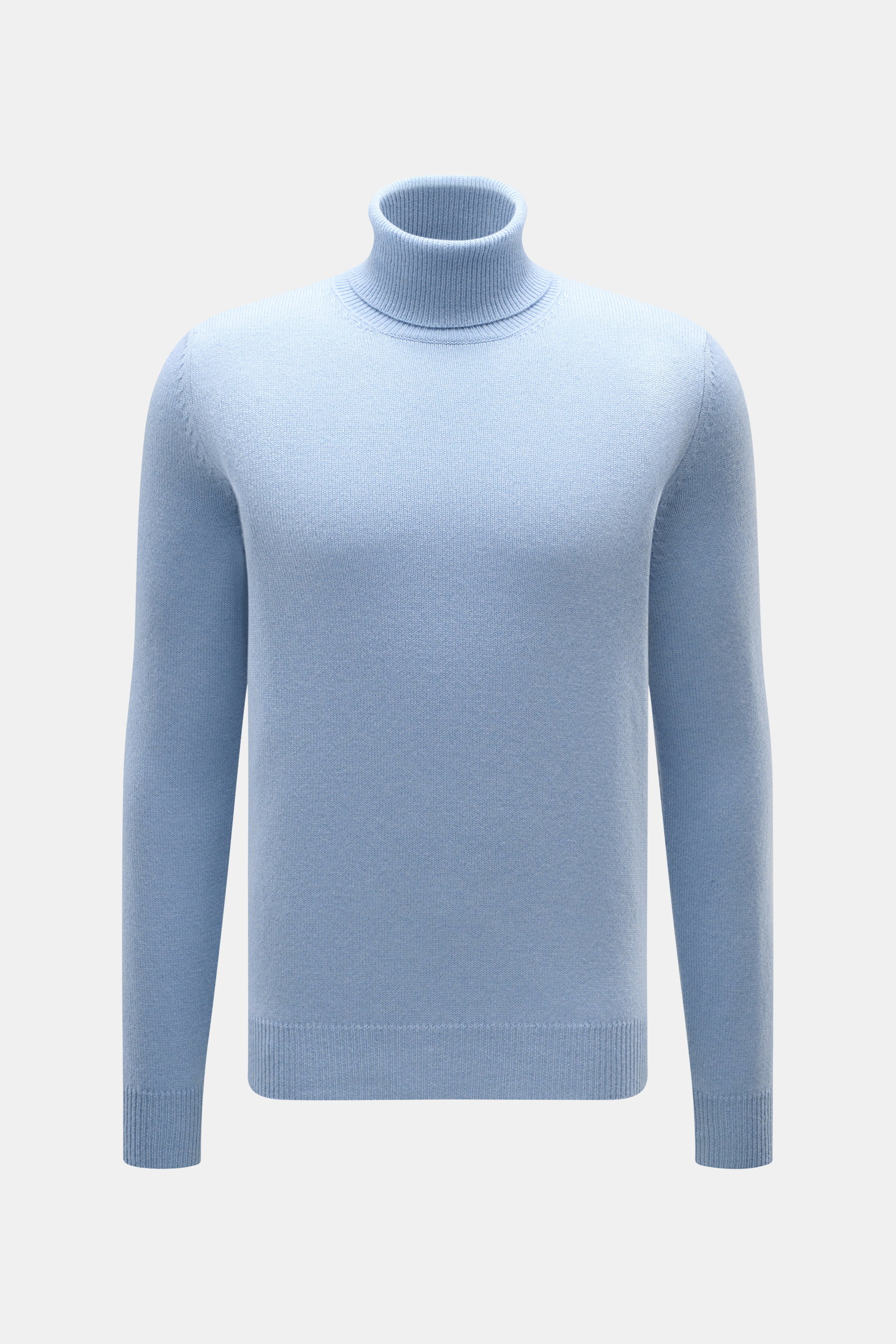 Front view of the Malo Cashmere Turtleneck Sweater Light Blue Melange, pure cashmere slim fit with soft touch and ribbed cuffs.