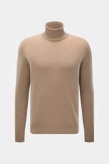 Malo Cashmere Rollkragenpullover beige, frontal aus mittlerer Distanz, Slim Fit mit anliegendem Rollkragen, feinstes Cashmere, weicher Griff, mittelfeines Strickbild, komfortable Rippbündchen.