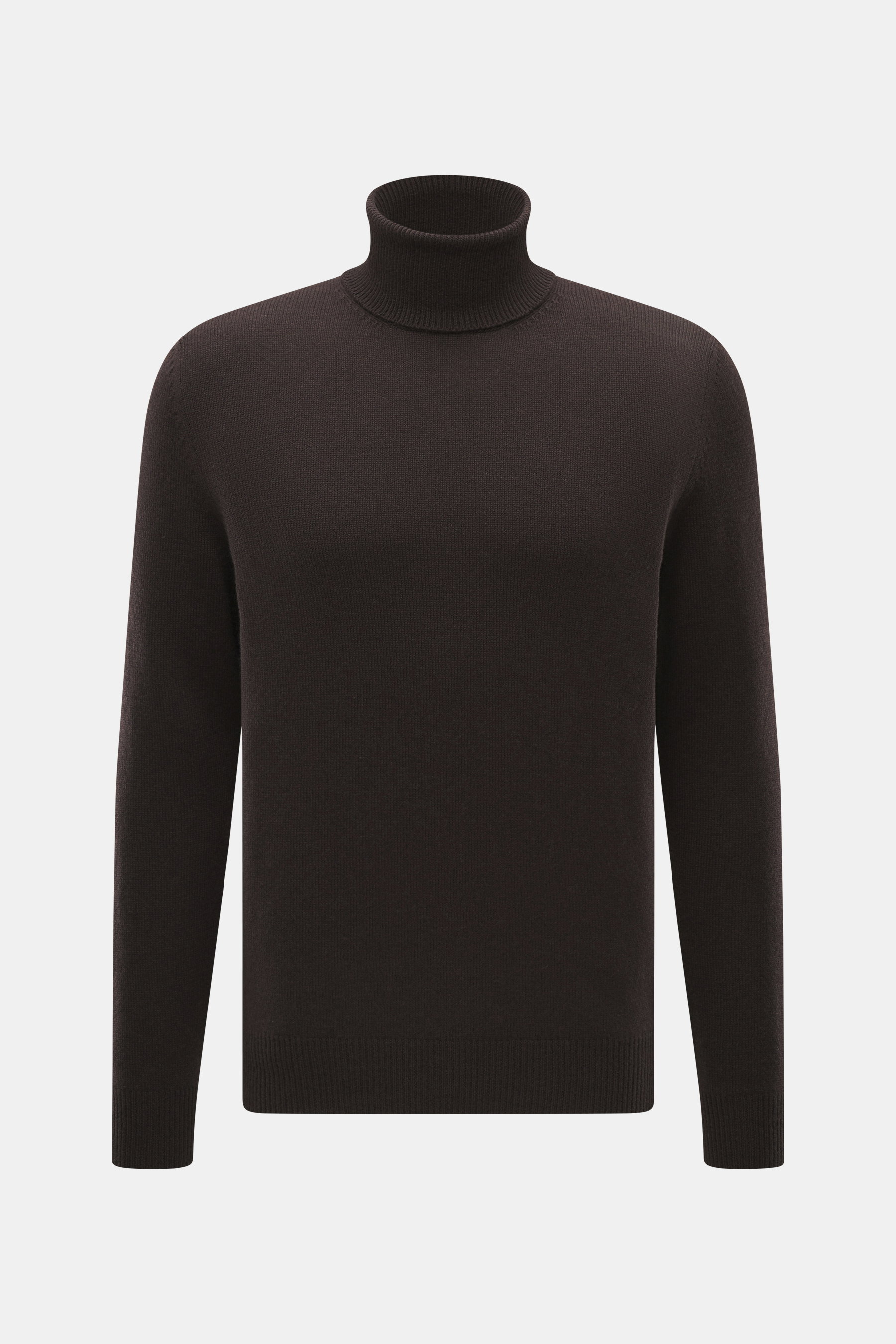 Malo Cashmere Turtleneck Sweater dark brown shown from front, pure cashmere, very soft touch, medium-fine knit, slim fit, ribbed cuffs, fitted turtleneck.