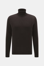 Malo Cashmere Turtleneck Sweater dark brown shown from front, pure cashmere, very soft touch, medium-fine knit, slim fit, ribbed cuffs, fitted turtleneck.